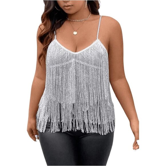 Tops - Women's Plus Size Sequin Fringed Asymmetrical Cami Top Party Club Wear